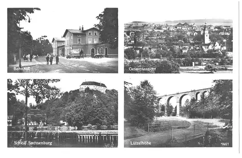 [Echtfotokarte schwarz/weiß] Frankenberg i. Sa. - Karte mit 4 Bildern Bahnhof, Gesamtansicht (Frankenberg), Schloß Sachsenburg, Lützelhöhe - siehe Scan. 