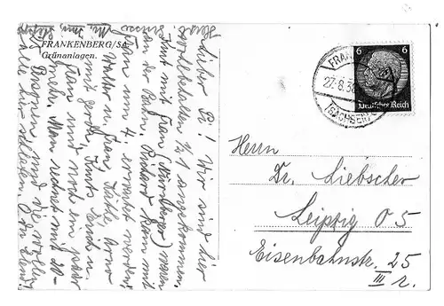 [Ansichtskarte] Frankenberg i. Sa. Grünanlagen - gelaufen mit Text auf der Rückseite und gestempelter Briefmarke - siehe Scan. 