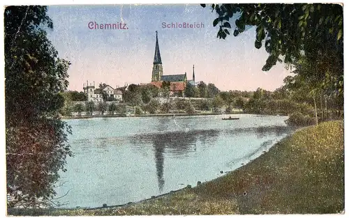 [Ansichtskarte] Chemnitz Schloßteich - gelaufen mit Text auf der Rückseite und gestempelter Briefmarke - siehe Scan. 