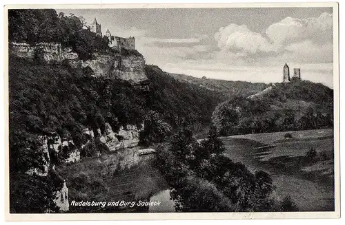 [Ansichtskarte] Rudelsburg und Burg Saaleck, Bergrestaurant Himmelreich Inh. Walter Reichenbach - ungelaufen, siehe Scan. 