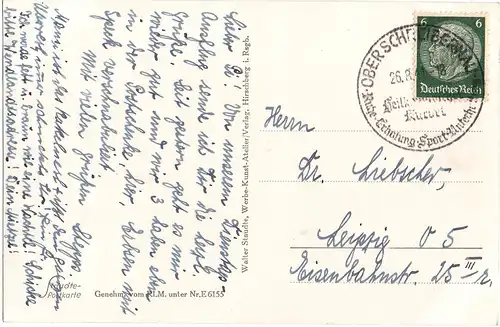 [Ansichtskarte] Ober-Schreiberhau i. Riesengebirge mit Blick nach dem Hochgebirge, gelaufen mit Text und Briefmarke auf der Rückseite - siehe Scan. 