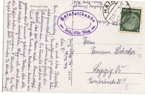 [Ansichtskarte] Der Hainfall i. Riesengebirge , gelaufen mit Text und Briefmarke auf der Rückseite - siehe Scan. 