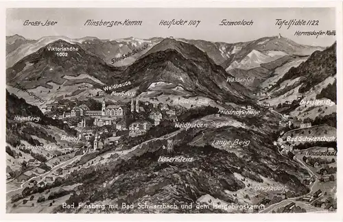 [Ansichtskarte] Bad Flinsberg mit Bad Schwarzbach mit dem Isergebirgskamm - siehe Scan. 