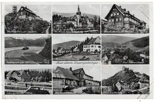 [Ansichtskarte] Bad Flinsberg im Isergebirge, Karte mit 9 Bildern ( Hochsteinbaude, Kurhaus, Heufuderbaude, Sudetenstraße, Kesselschlossbaude, Bad Schwarzbach, Ludwigsbaude, Iserkammbaude, Greiffenstein),gelaufen mit Text und gestempelter Briefmarke...