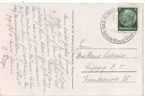 [Ansichtskarte] Bad Flinsberg (Isergebirge), Blick nach dem Kurplatz ,gelaufen mit Text und gestempelter Briefmarke auf der Rückseite - siehe Scan. 