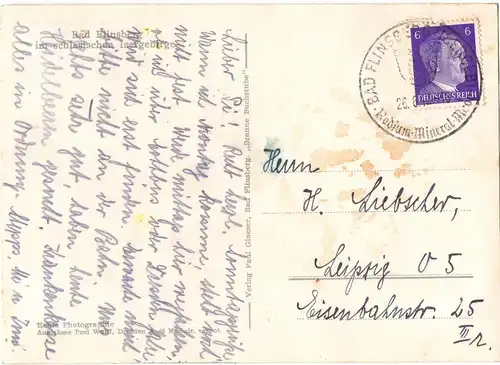 [Echtfotokarte schwarz/weiß] Auf der Rückseite: Bad Flinsberg im schlesischen Isergebirge, gelaufen mit Text und gestempelter Briefmarke auf der Rückseite - siehe Scan. 