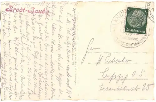[Ansichtskarte] Brodtbaude im Riesengebirge 820m ü. M., gelaufen mit Text und gestempelter Briefmarke auf der Rückseite - siehe Scan. 