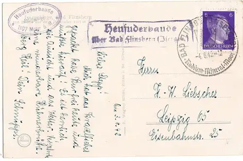 [Ansichtskarte] Isergebirge. Heufuderbaude 1107m bei Bad Flinsberg., gelaufen mit Text und gestempelter Briefmarke auf der Rückseite - siehe Scan. 