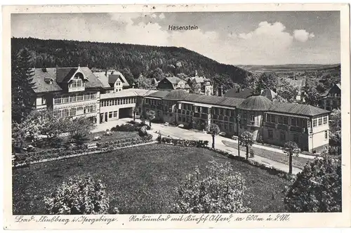 [Ansichtskarte] Bad Flinsberg i. Isergebirge Hasenstein Radiumbad mit Kurhof ca. 600m ü. d. M., gelaufen mit Text und gestempelter Briefmarke auf der Rückseite - siehe Scan. 