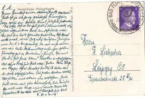 [Ansichtskarte] Bad Flinsberg i. Isergebirge Hasenstein Radiumbad mit Kurhof ca. 600m ü. d. M., gelaufen mit Text und gestempelter Briefmarke auf der Rückseite - siehe Scan. 