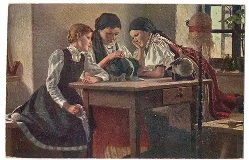 [Künstlerpostkarte reproduziert] Spitzenklöpplerinnen (Strukturkarte) , gelaufen mit Text und gestempelter Briefmarke auf der Rückseite - siehe Scan. 