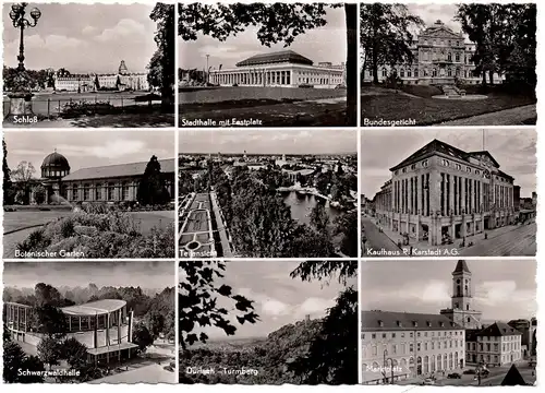 [Echtfotokarte schwarz/weiß] Mehrbildkarte - Schloß (Karlsruhe), Stadthalle mit Festplatz, Botanischer Garten, Teichansicht, Bundesgericht, Kaufhaus R. Karstadt A.G., Schwarzwaldhalle, Markplatz, Durlach-Turmberg,  ungelaufen - siehe Scan. 