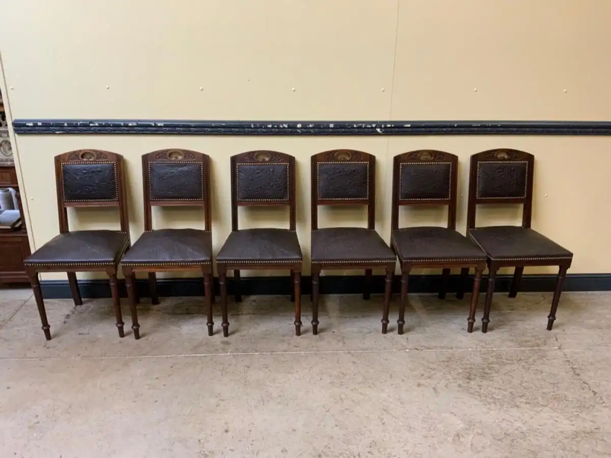 6 antike Jugendstil Stühle mit floralem Prägeleder - Lieferung möglich! 0