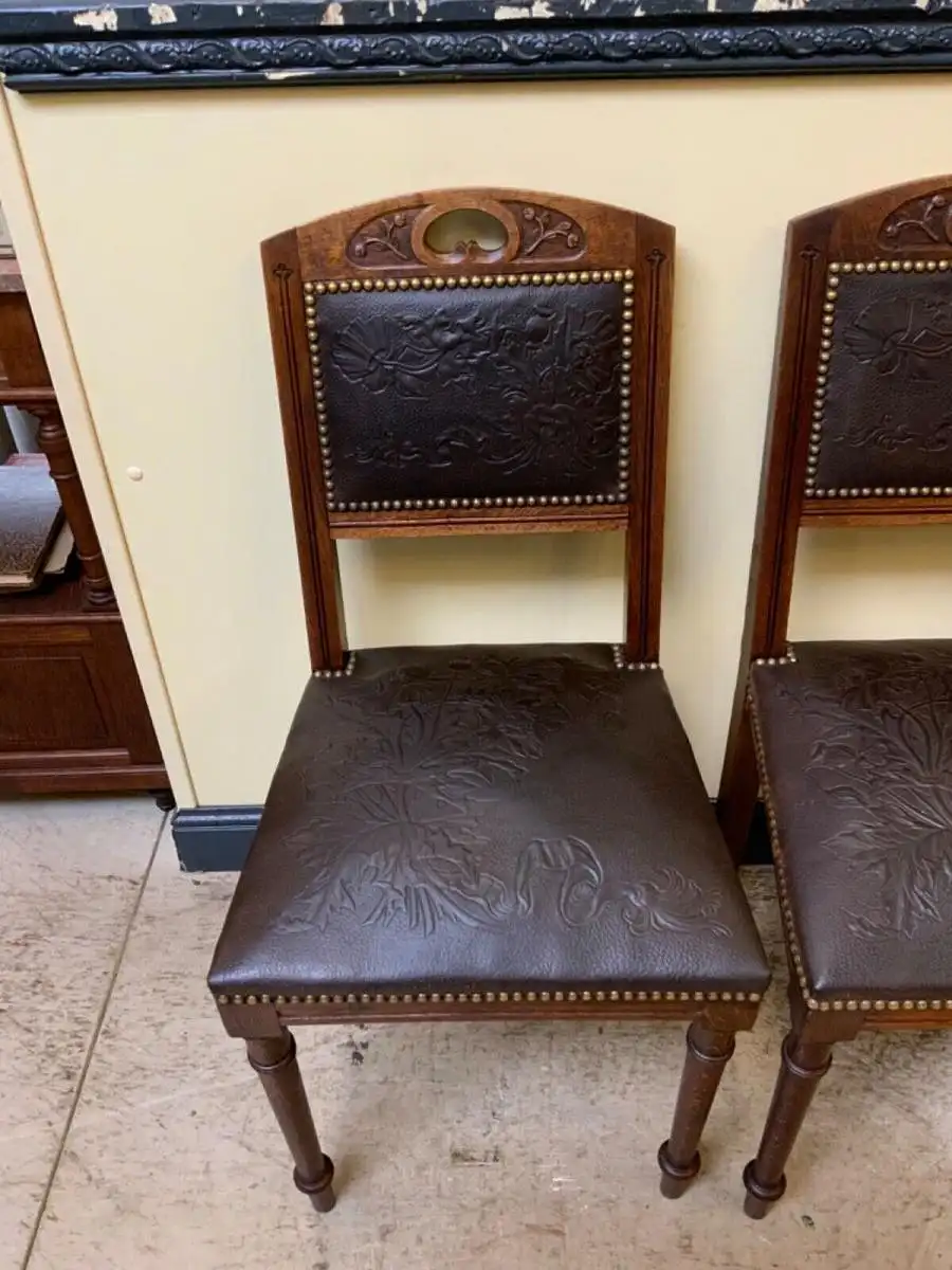 6 antike Jugendstil Stühle mit floralem Prägeleder - Lieferung möglich! 10