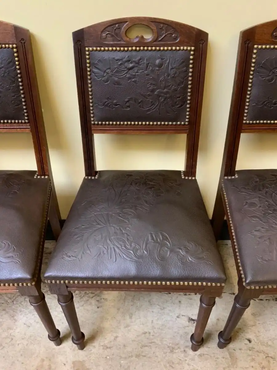 6 antike Jugendstil Stühle mit floralem Prägeleder - Lieferung möglich! 12