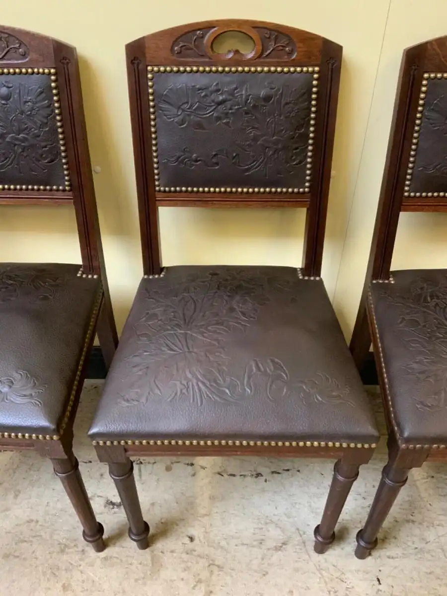 6 antike Jugendstil Stühle mit floralem Prägeleder - Lieferung möglich! 13