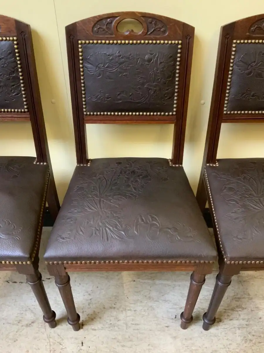6 antike Jugendstil Stühle mit floralem Prägeleder - Lieferung möglich! 14