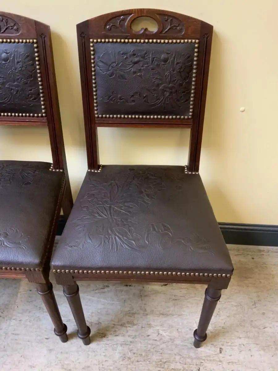 6 antike Jugendstil Stühle mit floralem Prägeleder - Lieferung möglich! 15