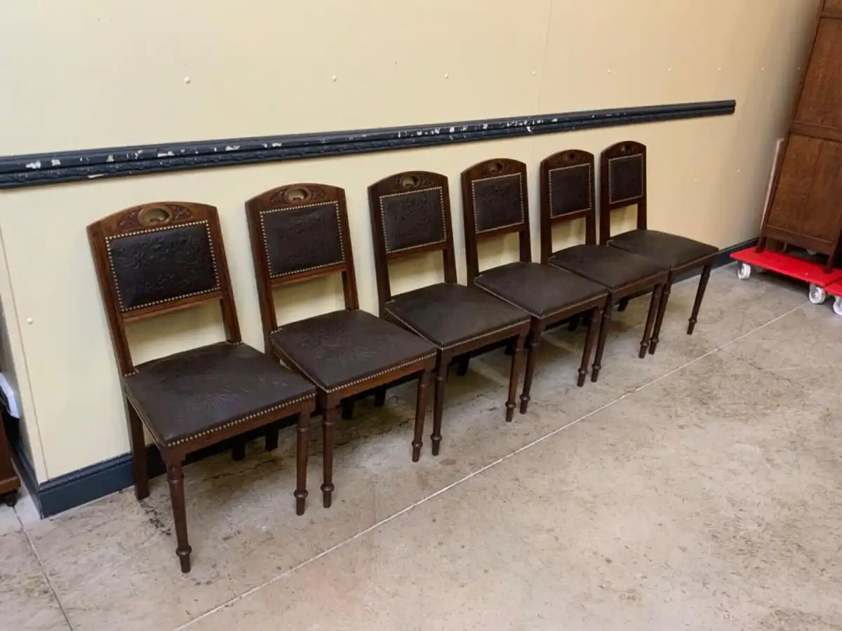 6 antike Jugendstil Stühle mit floralem Prägeleder - Lieferung möglich! 9