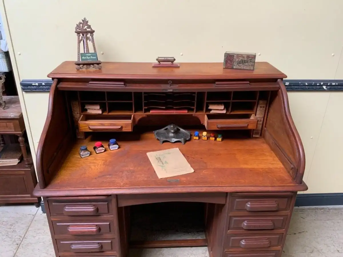 Antiker Jugendstil Schreibtisch, Rollladenverschluß  -  Lieferung möglich! 17