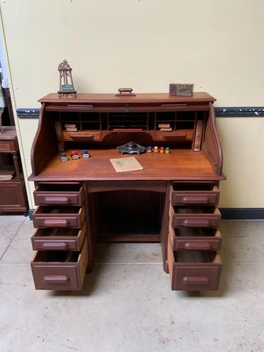 Antiker Jugendstil Schreibtisch, Rollladenverschluß  -  Lieferung möglich! 18