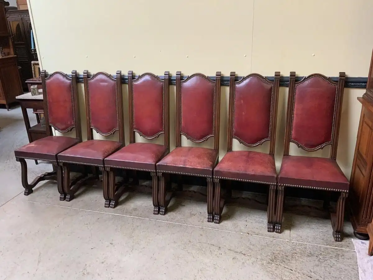 6 antike hohe Kloster Stühle, Leder, Historismus - Lieferung möglich! 0