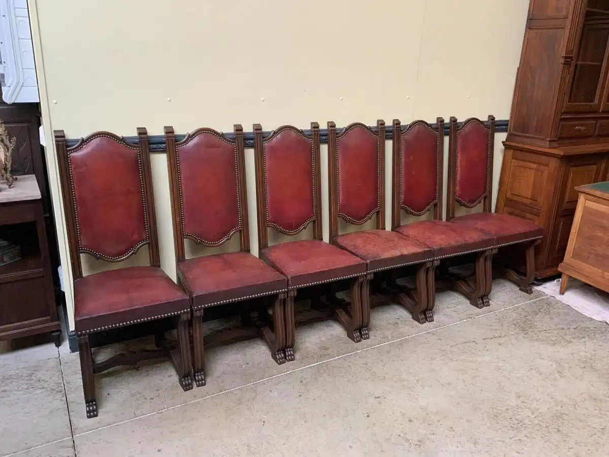 6 antike hohe Kloster Stühle, Leder, Historismus - Lieferung möglich! 9