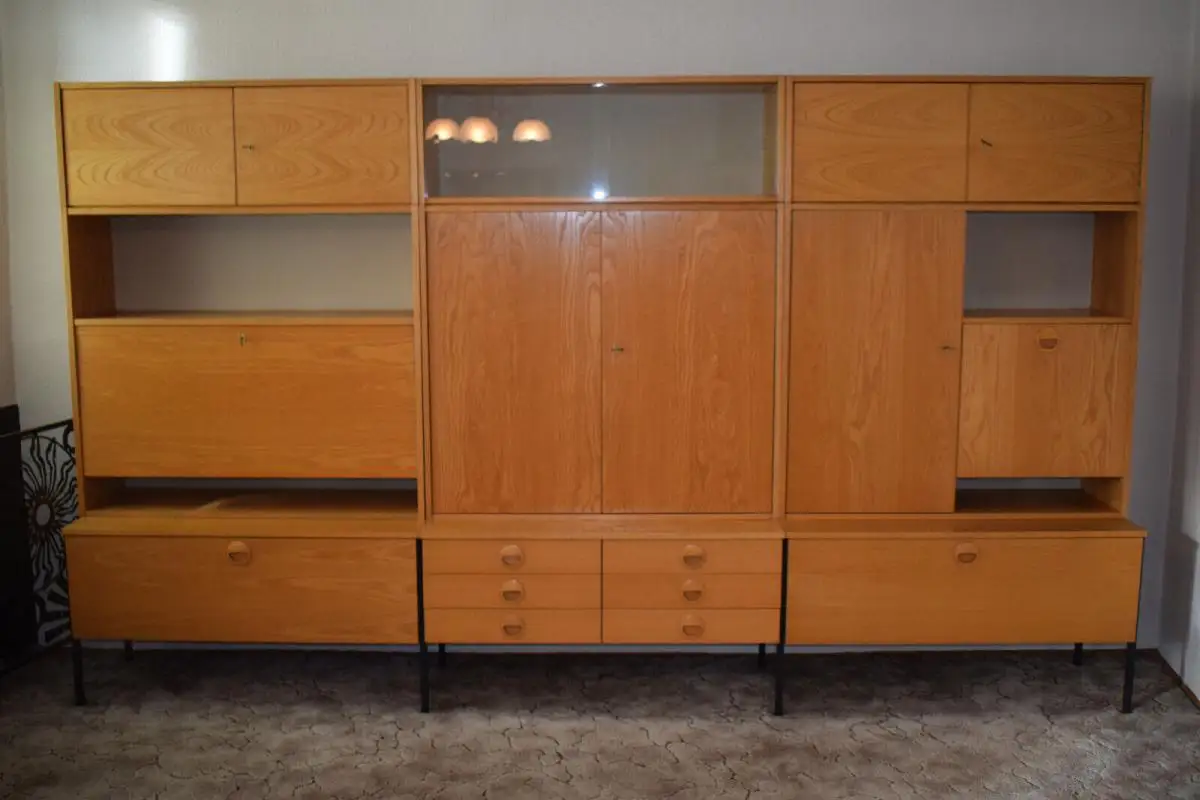Vintage Hellerau Schrankwand, 3 Segment, Sekretär, Schrank und Bar TOP 0