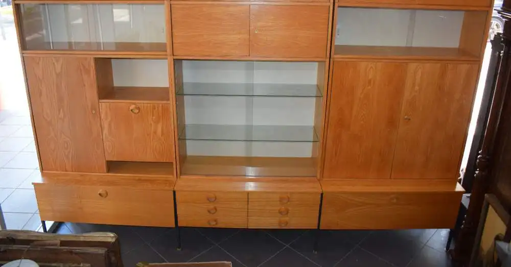 Vintage Hellerau Schrankwand, 3 Segment, Vitrine, Schrank und Bar TOP 0