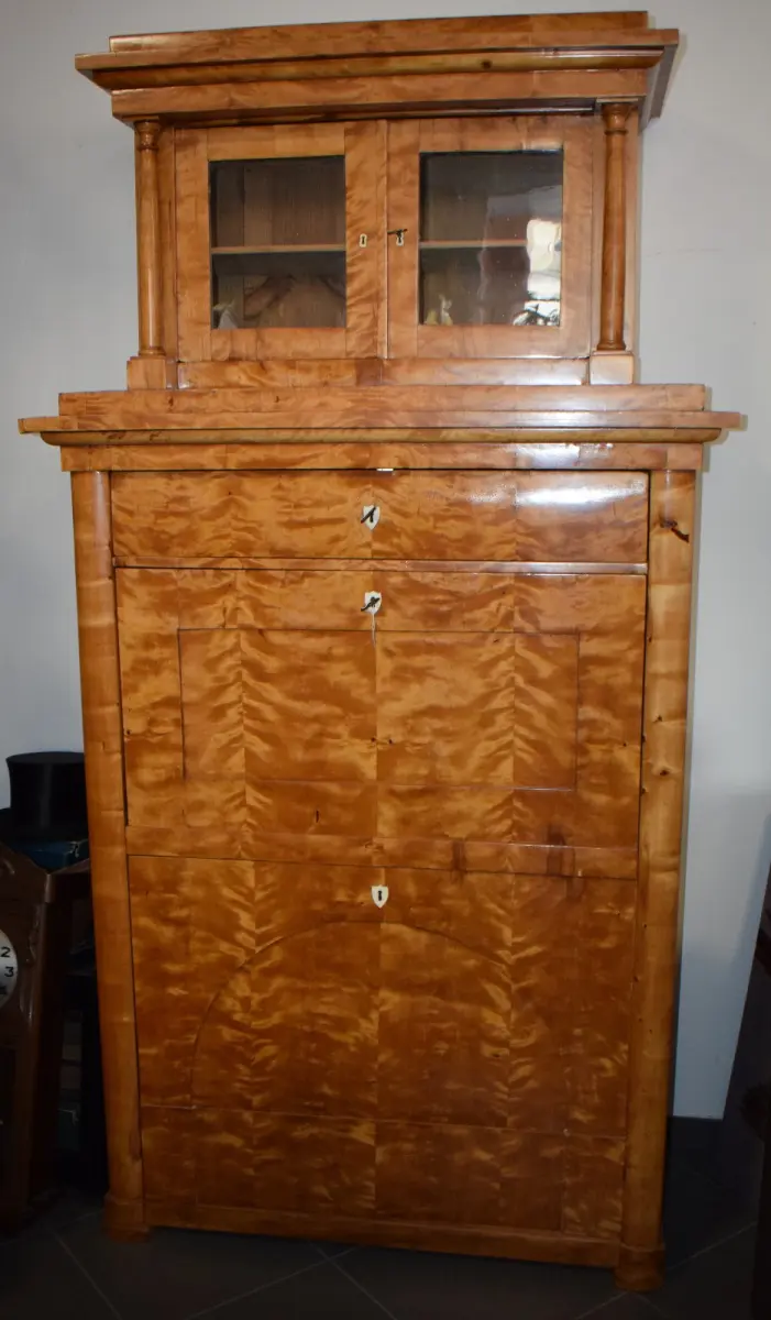 Biedermeier Sekretär mit Aufsatz, Birke hell komplett restauriert