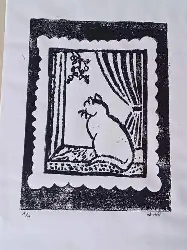 Holzschnitt / Linolschnitt " Katze im Fenster" ( Einzelstück nur 1 mal vorhanden) signiert