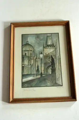 1946 Original-Aquarell "Karlsbrücke in Prag" signiert und professionell gerahmt Rahmengröße ca. 31 x 41cm, Vintage, Wandkunst