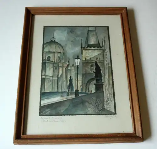 1946 Original-Aquarell "Karlsbrücke in Prag" signiert und professionell gerahmt Rahmengröße ca. 31 x 41cm, Vintage, Wandkunst