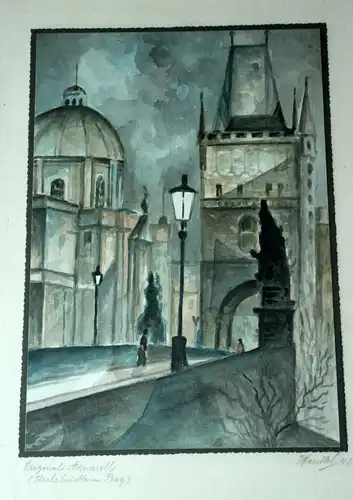 1946 Original-Aquarell "Karlsbrücke in Prag" signiert und professionell gerahmt Rahmengröße ca. 31 x 41cm, Vintage, Wandkunst