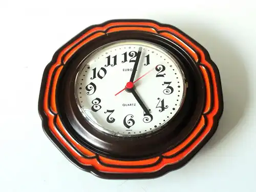 Seltene 70er Küchenuhr Vintage Keramik Europa orange braun mid century Wanduhr retro Küche Handarbeit Kitchen Clock West Germany 70s