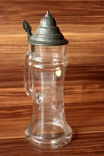 Dekorativer WMF Bierkrug aus Glas mit Zinndeckel und Gravur im Glas, Vintage aus den 1970ern