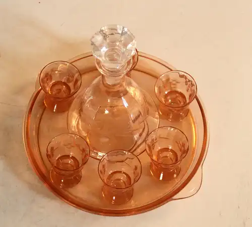 Art Deco Set Rosalinglas Karaffe und 6 Gläser mit Tablett, Vintage aus den 1930ern