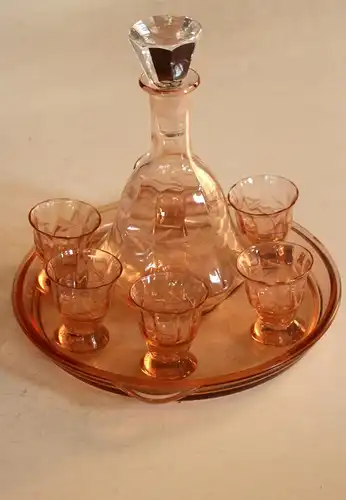 Art Deco Set Rosalinglas Karaffe und 6 Gläser mit Tablett, Vintage aus den 1930ern