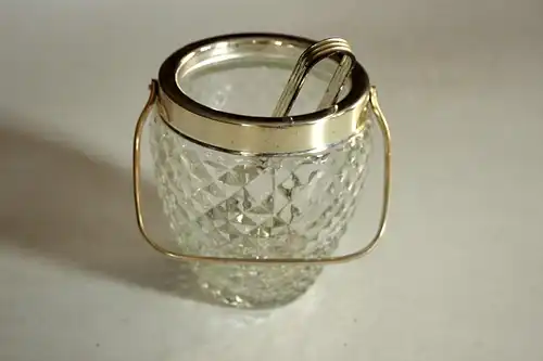 Hochwertiger Eiswürfelbehälter, Eiskübel, Eiseimer Kristallglas - Metall versilbert - mit Zange, Vintage aus den 1970ern