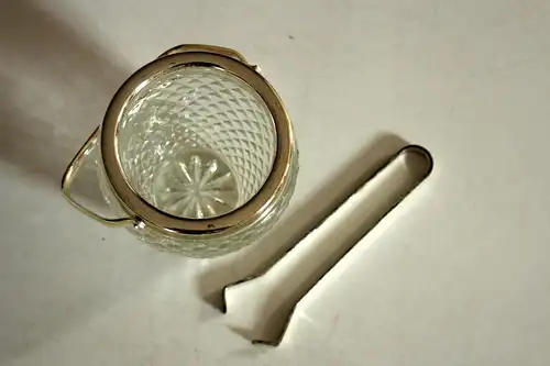 Hochwertiger Eiswürfelbehälter, Eiskübel, Eiseimer Kristallglas - Metall versilbert - mit Zange, Vintage aus den 1970ern