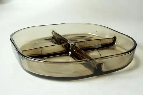 Seltene Rauchglas Schale Anbietschale aus den 1970ern, Vintage - Servierschale mit Unterteilung