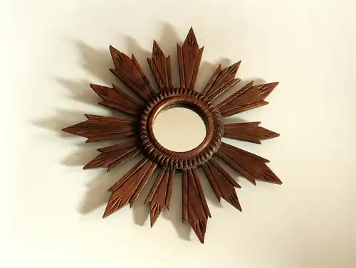 Sunburst-Wandspiegel rund Holz - Glas, Vintage aus den 1970ern