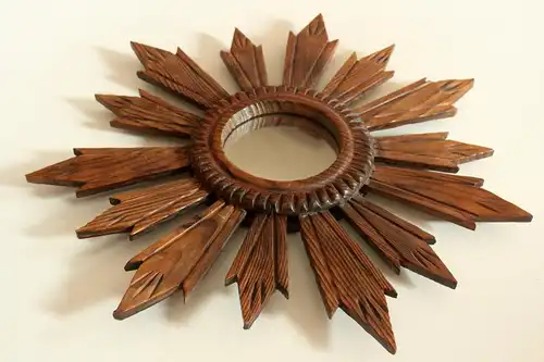 Sunburst-Wandspiegel rund Holz - Glas, Vintage aus den 1970ern