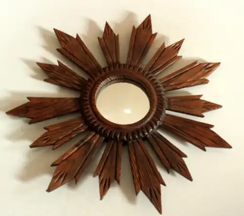 Sunburst-Wandspiegel rund Holz - Glas, Vintage aus den 1970ern