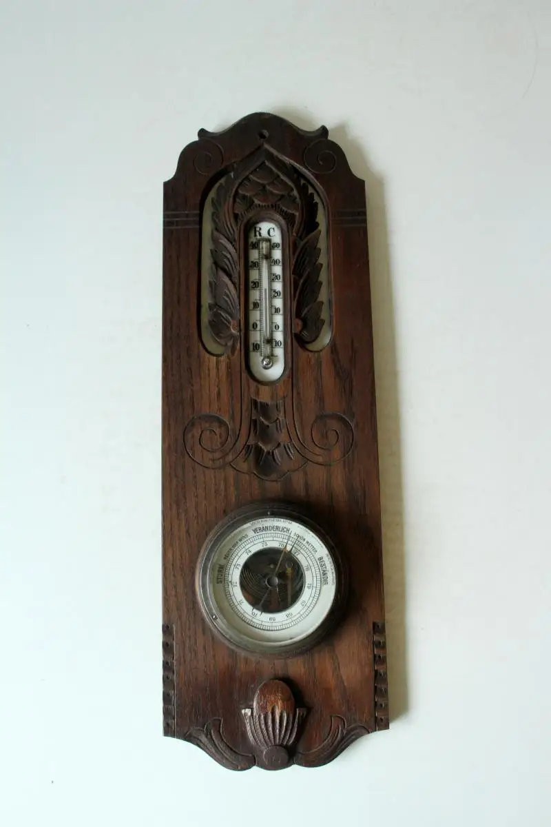 Antike handgeschnitzte Wetterstation aus den 1920ern - Thermometer Temperaturanzeige Celsius und Reaumur + Barometer 1