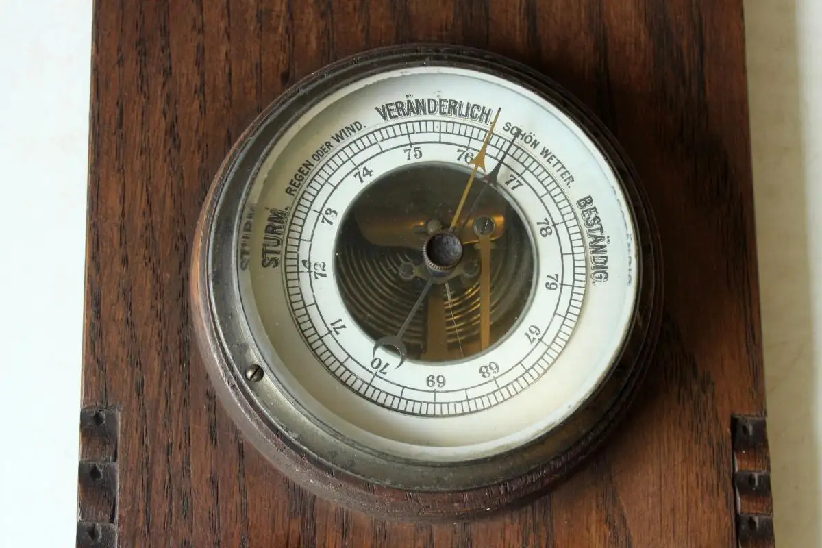 Antike handgeschnitzte Wetterstation aus den 1920ern - Thermometer Temperaturanzeige Celsius und Reaumur + Barometer 2