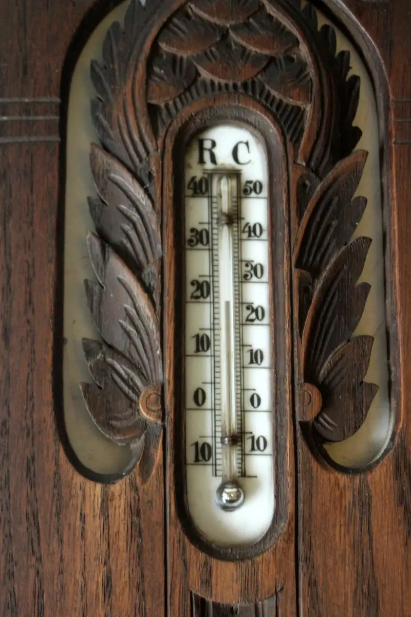 Antike handgeschnitzte Wetterstation aus den 1920ern - Thermometer Temperaturanzeige Celsius und Reaumur + Barometer 3