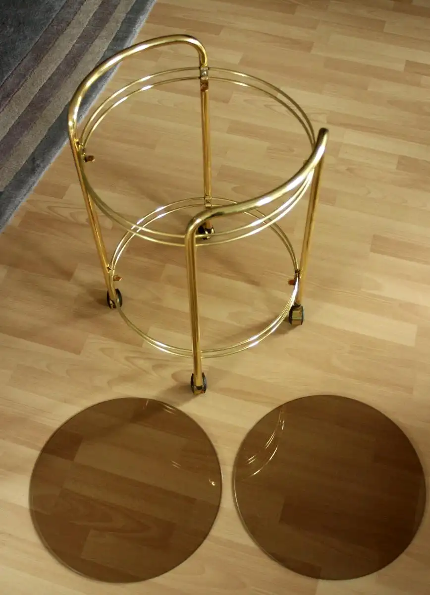 Runder Barwagen - Servierwagen - Messing Metall 2-etagig mit Rauchglas-Scheiben - Vintage aus den 1960ern 7