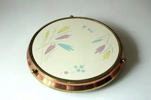 Drehbare Tortenplatte Kupfermontur auf Fuß - abstrakt florales Dekor - Kuchenplatte aus den 50ern, Vintage