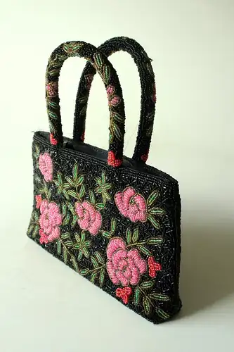 Handgelenk Abendtasche, Handtasche, Abendtasche mit Perlenstickerei, Handarbeit, Vintage aus den 1980ern